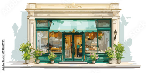 Charmante Bäckerei mit grüner Markise und Schaufensterauslage, illustration im Vektorstil.