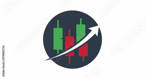 Stock market analysis icon with upward trend arrow and candlestick charts.