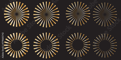 Vintage sunburst collection. Retro gold Sun burst shapes. Bursting golden sun rays. Vintage light starburst labels, badges, Fireworks, Logotype or lettering design element. Radial sunset beams. EPS 10