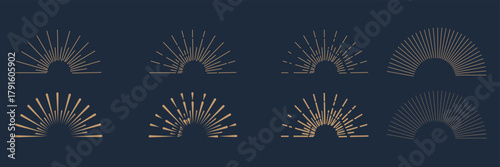 Vintage sunburst collection. Bursting sun rays. Fireworks. Logotype or lettering design element. Radial sunset beams. Vector illustration. Black and Gold Vintage sunburst. Best Collection. EPS 10.