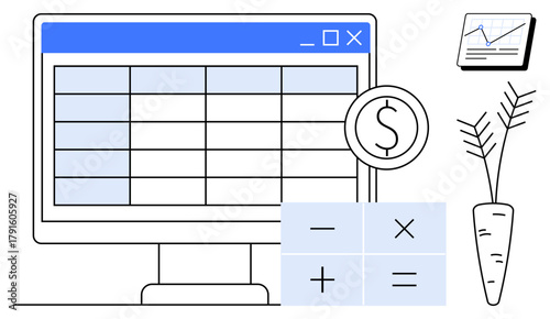 Computer screen with spreadsheet, calculator, and chart alongside a carrot icon. Ideal for finance, budgeting, agriculture, investments, data analysis accounting and sustainability themes. Simple