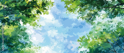 Blick nach oben durch grüne Baumkronen auf einen blauen Himmel mit Wolken, Vektorgrafik