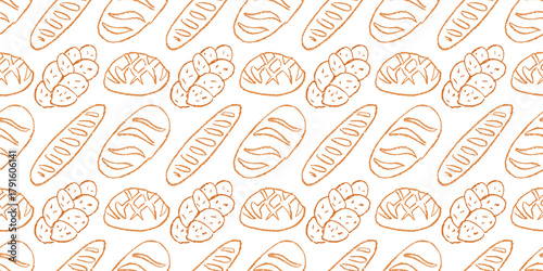 Seamless pattern of hand-drawn bread. Sketch illustrations of baguettes, braids, and round loaves on white background. Perfect for bakery, food, or culinary designs.