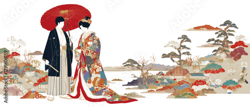 Traditionelles japanisches Paar in Kimonos unter einem roten Regenschirm in einer malerischen Landschaft