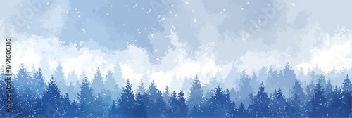 Abstrakter Aquarell-Wald im Winter mit Schneeflocken und blauen Farbtönen