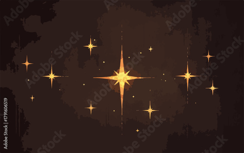 Goldene Sterne, funkelnde Lichtpunkte und Glanz auf dunklem, strukturiertem Hintergrund, Vektor-Illustration.