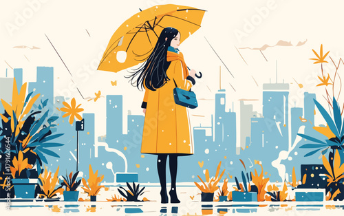 Eine Frau mit gelbem Regenschirm steht im Regen vor einer Stadtkulisse mit Pflanzen.