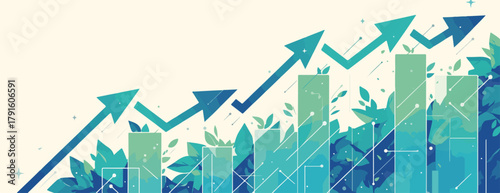 Grüne Wachstumsdiagramme mit steigenden Pfeilen und Blättern, die wirtschaftlichen Fortschritt symbolisieren.