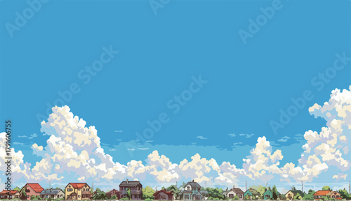 Vektor-Illustration einer ruhigen Vorstadtsiedlung unter einem weiten, wolkenverhangenen Himmel mit pixeliger Ästhetik.