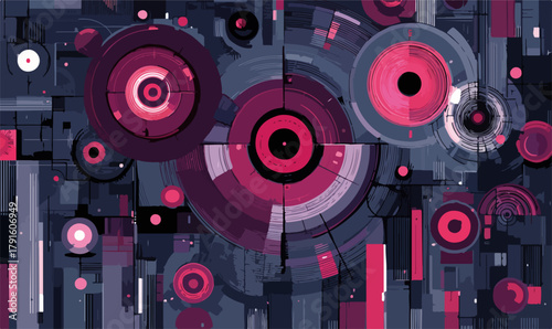 Abstrakte Vektor-Illustration mit konzentrischen Kreisen und geometrischen Formen in Pink und Blau