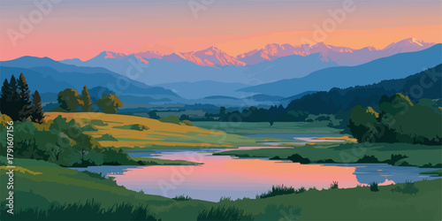 Malerische Alpenlandschaft bei Sonnenuntergang mit einem ruhigen Fluss und sanften Hügeln.