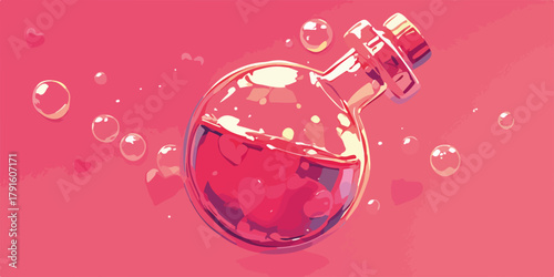 Vektor-Illustration einer magischen Liebestrankflasche mit Herzen und Blasen auf rosa Hintergrund, Liebe und Romantik