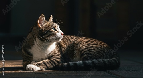 A graceful domestic cat rests peacefully outdoors, enjoying the warmth of the natural light. Its fur gleams softly in the sun ,harmony ,soft ,wild spirit