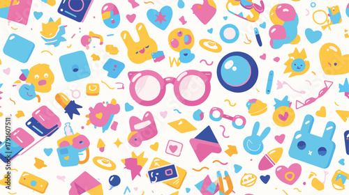 Lebendige Vektor-Illustration mit bunten Kawaii-Symbolen und Mustern auf weißem Hintergrund