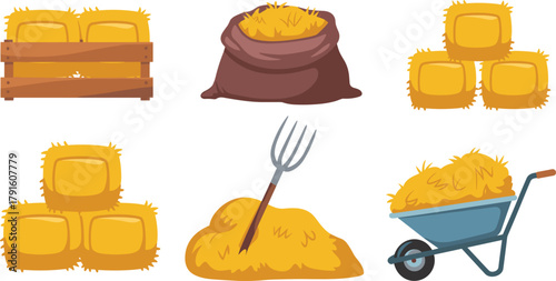 Vector Farm Hay and Straw Set, Bale, Sack, Pitchfork, and Wheelbarrow, Agricultural Harvest Elements Illustration