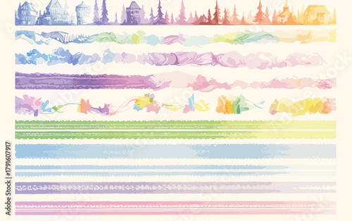 Verspielte Aquarell-Washi-Tape-Vektoren mit verschiedenen Mustern, ideal für Scrapbooking und dekorative Projekte, die einen Hauch von Farbe und Kreativität suchen.