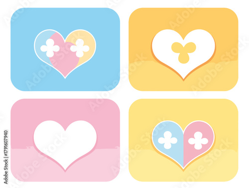 Vektorillustration von vier niedlichen Herzen mit Pastellfarben auf abgerundeten Rechtecken, die sich ideal für Grußkarten eignen.