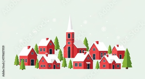 Cozy Winter Village Scene with Red Houses and Snowflakes, Town, Christmas, Holiday