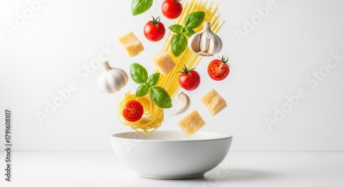 Italian Pasta Ingredients Falling into Bowl, Spaghetti, Tomato, Cherry tomato