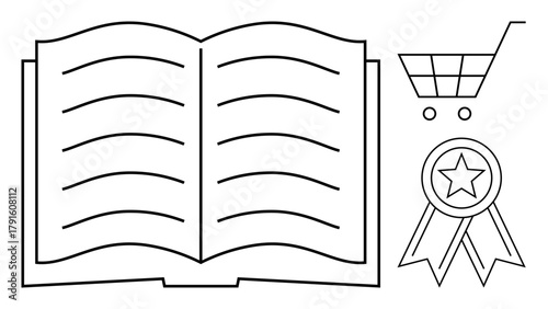 Open book with visible lines next to a shopping cart and a badge ribbon with a star. Ideal for education, e-commerce, knowledge, credibility, certification, achievement, simple flat metaphor