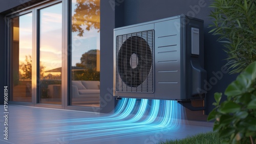 Modern black/dark grey air conditioning or heat pump outdoor unit, mounted securely on a dark grey exterior wall of a contemporary home