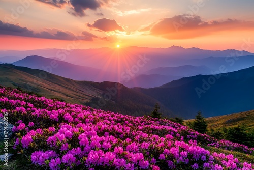 Scenic Mountain Sunset With Blossoming Rhododendron Flowers Landscape View