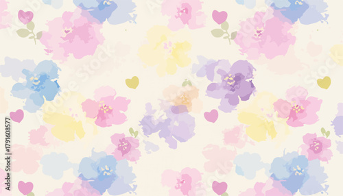 Zartes florales Vektormuster mit Aquarellblumen und Herzen für Hintergründe, Textilien oder Grußkarten, das eine romantische Atmosphäre schafft.