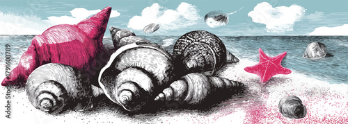 Eine Vektordarstellung von Muscheln und einem Seestern am Strand, die eine friedliche und entspannende Küstenatmosphäre vermittelt.