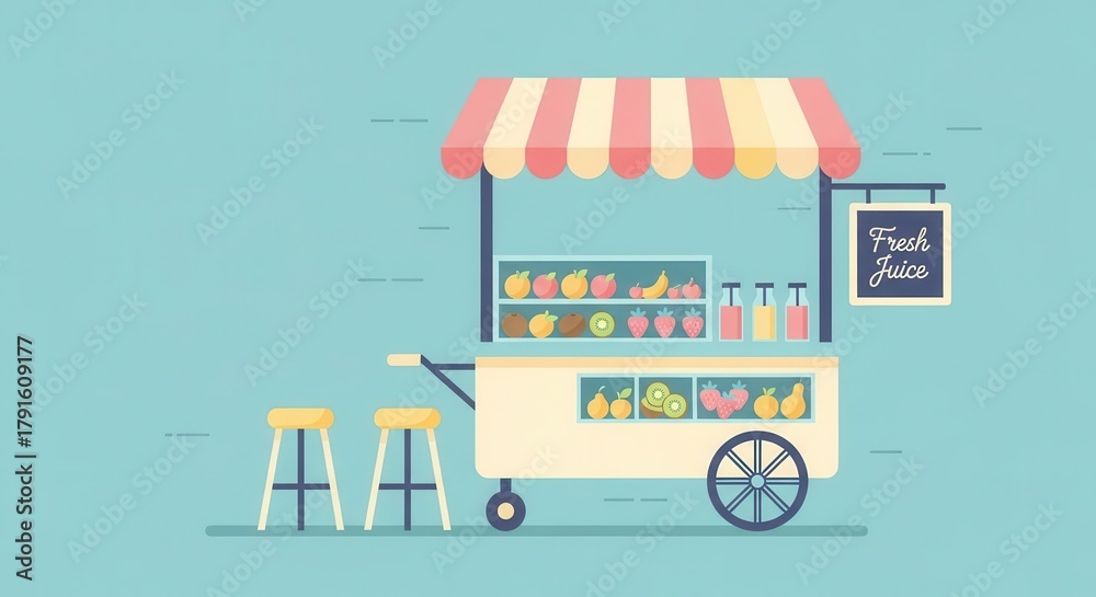 Obraz premium Mobile cart dispensing freshly squeezed beverages is situated against a pale blue backdrop