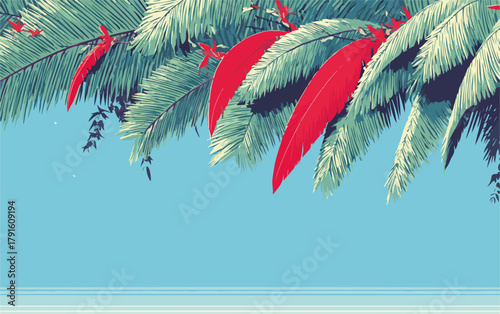 Abstrakte Darstellung von Palmenblättern und roten Federn vor einem hellblauen Hintergrund mit Vektor-Effekt. Eine moderne und lebendige Illustration.