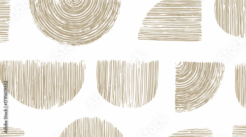 Abstraktes, nahtloses Muster mit handgezeichneten, goldfarbenen Halbkreisen und geometrischen Formen auf weißem Hintergrund, geeignet für Textildesign.