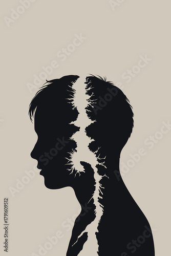 Surreal silhouette illustration of a child’s head split by an organic, branching crack, symbolizing inner conflict, emotional trauma, fragile identity, and the complexity of personal growth.