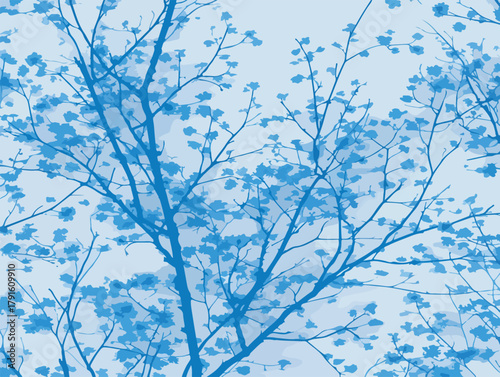 Abstrakte blaue Vektor-Illustration von blühenden Zweigen im Frühling, zarte Muster.
