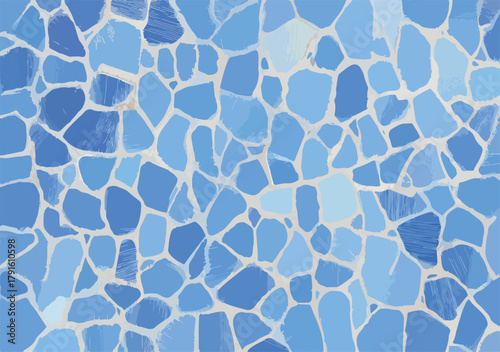 Dieses abstrakte Vektormuster zeigt eine dynamische Anordnung unregelmäßiger blauer Mosaikfliesen, ideal für moderne Hintergründe und Texturen.
