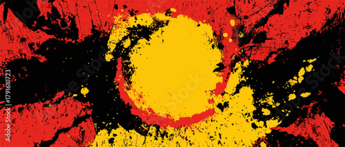 Ein ausdrucksstarker Vektorhintergrund mit lebhaften roten, schwarzen und gelben Farbklecksen, die eine dynamische und energiegeladene Komposition bilden.