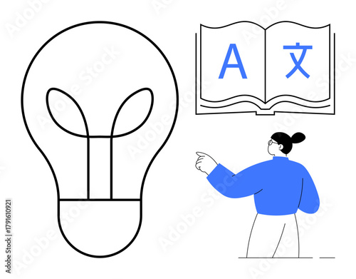 Lightbulb symbolizing ideas, open book with multilingual characters, person pointing links to education, innovation, translation, learning, creativity, global communication, intellectual exploration
