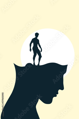 Surreal silhouette illustration of a man standing atop a human head, symbolizing self-reflection, inner journey, personal growth, awareness, and the search for clarity within the mind.