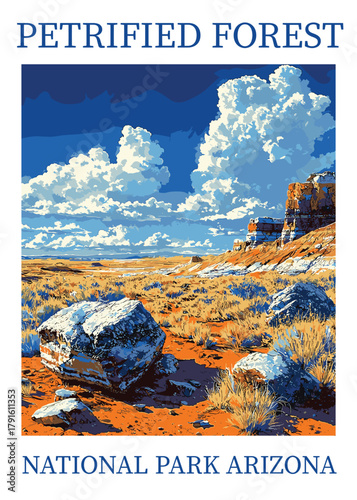 Retro WPA style vector illustration of Petrified Forest National Park, Arizona, featuring large fossilized wood fragments in the vast arid landscape