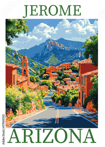 Retro WPA style travel poster vector illustration showing a winding road descending into the historic mining town of Jerome, Arizona, framed by mountains