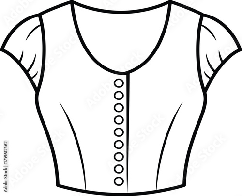 Technical Drawing Vector of Fitted Blouse with Button Placket, Cap Sleeves, and V-Neckline Flat Sketch