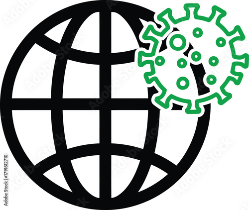 Global pandemic vector illustration depicting coronavirus over the earth showing global infection and spread with green virus and black earth icon