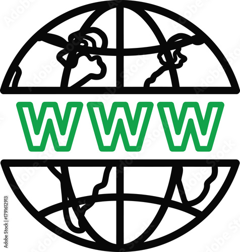 Global network representation featuring an earth globe outline with green WWW text signifying the internet connection and worldwide web access illustrating communication technologies