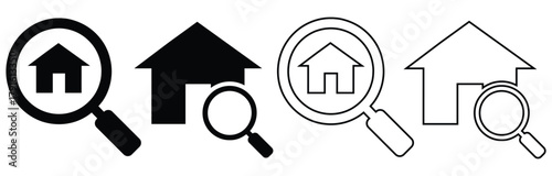 MFind your dream home with this modern house search icon set.magnifying glass icons show graphs and charts representing data analysis market research and business intelligence activities,