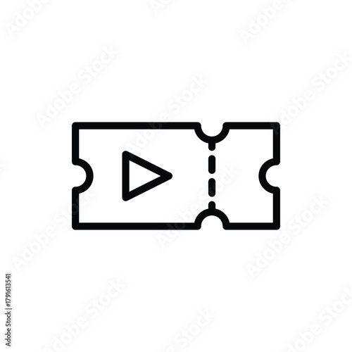 A minimalist black and white line drawing of a movie ticket featuring a prominent play button symbol. Cinema and Movie Line Icon. Isolated Vector Clip Art.