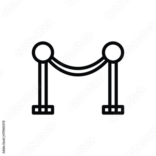 A minimalist black and white line drawing of a stanchion barrier, commonly used for crowd control. Cinema and Movie Line Icon. Isolated Vector Clip Art.