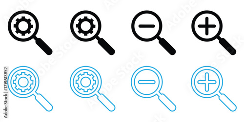 Magnifying glass plus and minus icons for search needs.magnifying glass icons show graphs and charts representing data analysis market research and business intelligence activities,