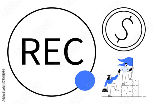 REC text with blue dot element, bold currency symbol, two individuals climbing blocks aiding each other. Ideal for teamwork, leadership, support, business, partnership, finance success simple flat