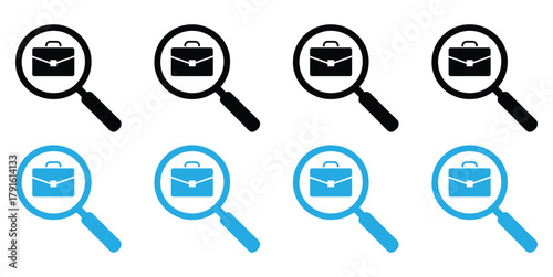 Searching for job opportunities briefcase under magnifying glass,magnifying glass icons show graphs and charts representing data analysis market research and business intelligence activities,