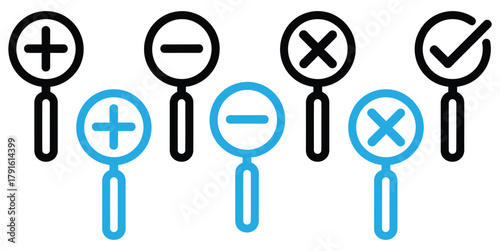 Zoom icons with plus, minus, cross, and check symbols,magnifying glass icons show graphs and charts representing data analysis market research and business intelligence activities,