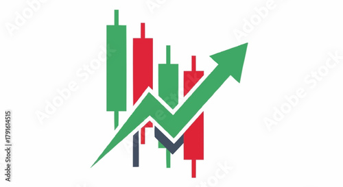 Stock Market Candlestick Chart with Upward Trend Arrow.